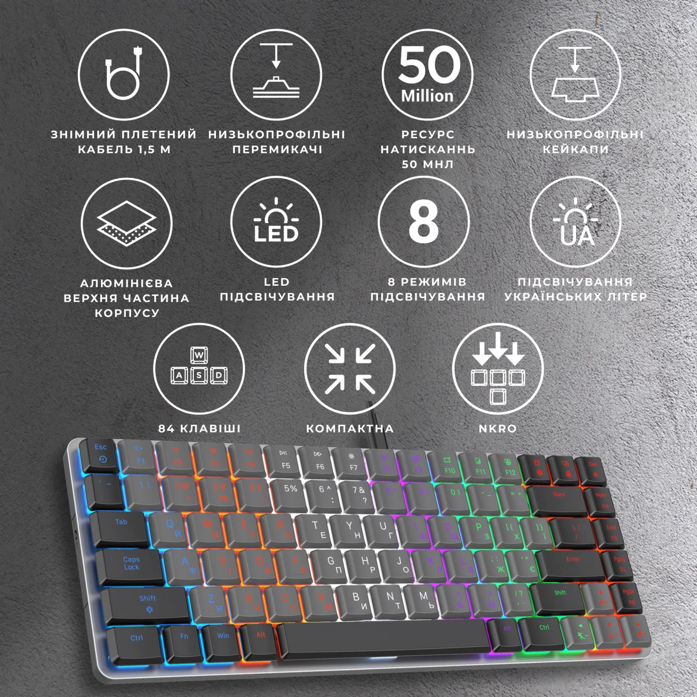 Купить Клавиатура GamePro MK140R Red Swich Low Profile USB Dark Gray - фото 8