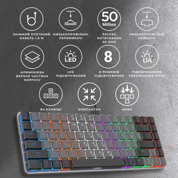 Купить Клавиатура GamePro MK140R Red Swich Low Profile USB Dark Gray - фото 8