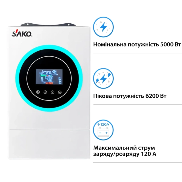 Купить Автономный инвертор SAKO SUNON V 6.2kW 48V 1 MPPT Wi-Fi 220V Однофазный (SUNON V 6.2kW) - фото 2