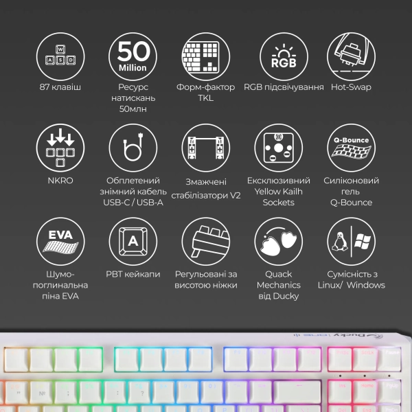 Купити Клавіатура Ducky One 3 RGB TKL White Cherry MX Blue - фото 4