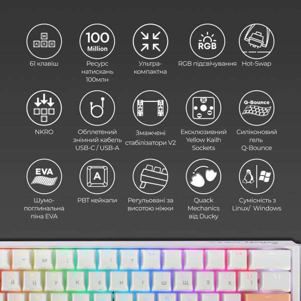 Купити Клавіатура Ducky One 3 Mini White Cherry MX Brown - фото 4