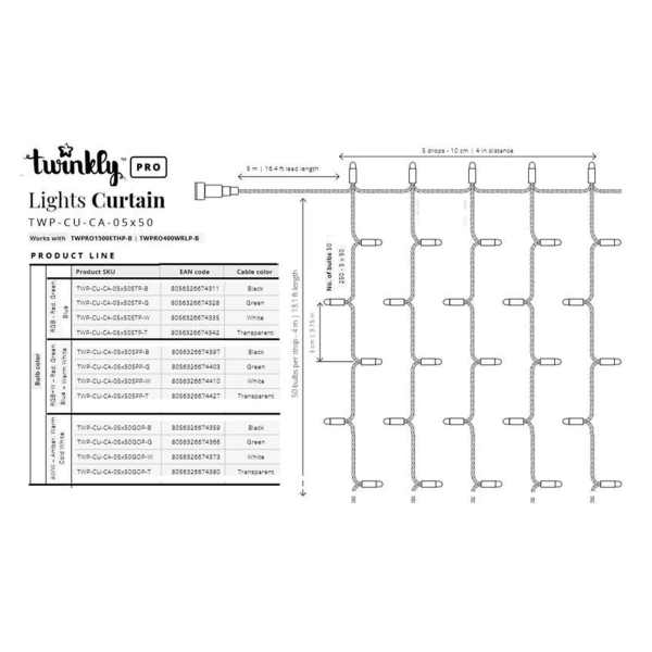 Купити Розумна LED Гірлянда Twinkly Pro Curtain RGB 250, AWG22, IP65, прозорий (TWP-CU-CA-05X50STP-T) - фото 5