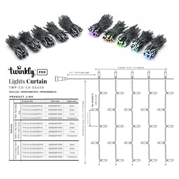 Купити Розумна LED Гірлянда Twinkly Pro Curtain RGBW 250, AWG22, IP65, чорний (TWP-CU-CA-05X50SPP-B) - фото 5