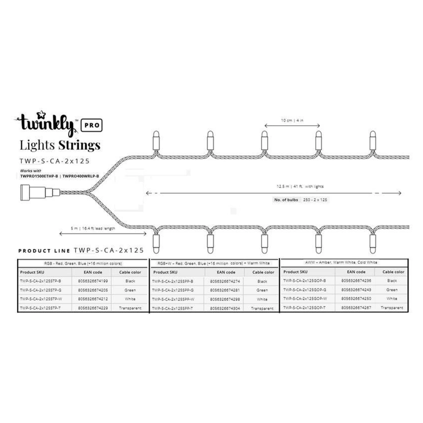 Купити Розумна LED Гірлянда Twinkly Pro Strings RGBW 250, подвійна лінія, AWG22, IP65, зелений (TWP-S-CA-2X125SPP-G) - фото 5