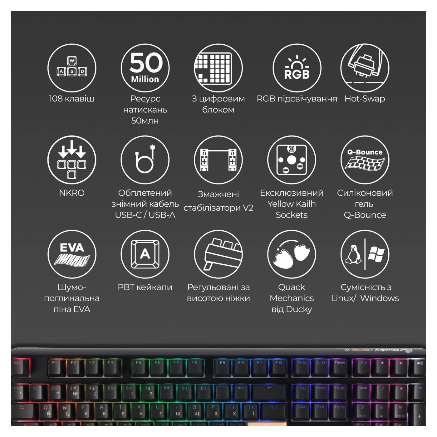 Купить Клавиатура Ducky One 3 Cherry MX Blue RGB Black UA (DKON2108ST-CUAPXCLAWSC1) - фото 14