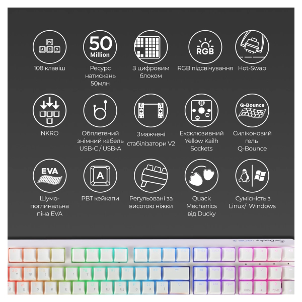 Купить Клавиатура Ducky One 3 Cherry MX Blue RGB White UA (DKON2108ST-CUAPXPWWWSC1) - фото 14