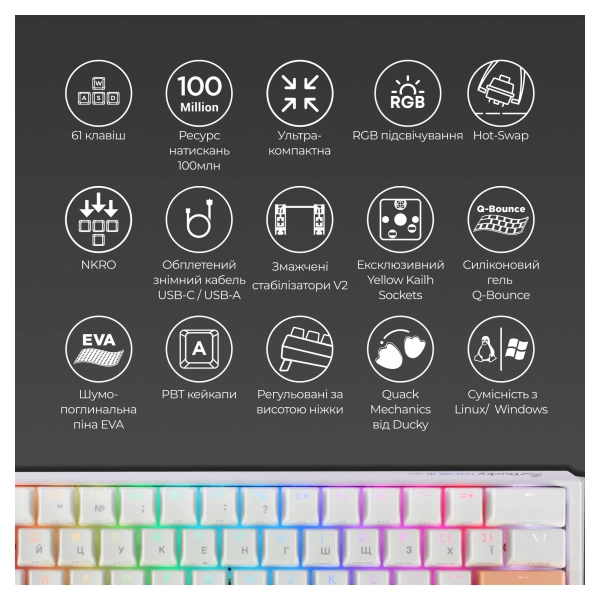 Купить Клавиатура Ducky One 3 Mini Cherry MX Silent Red RGB White UA (DKON2161ST-SUAPXPWWWSC1) - фото 4