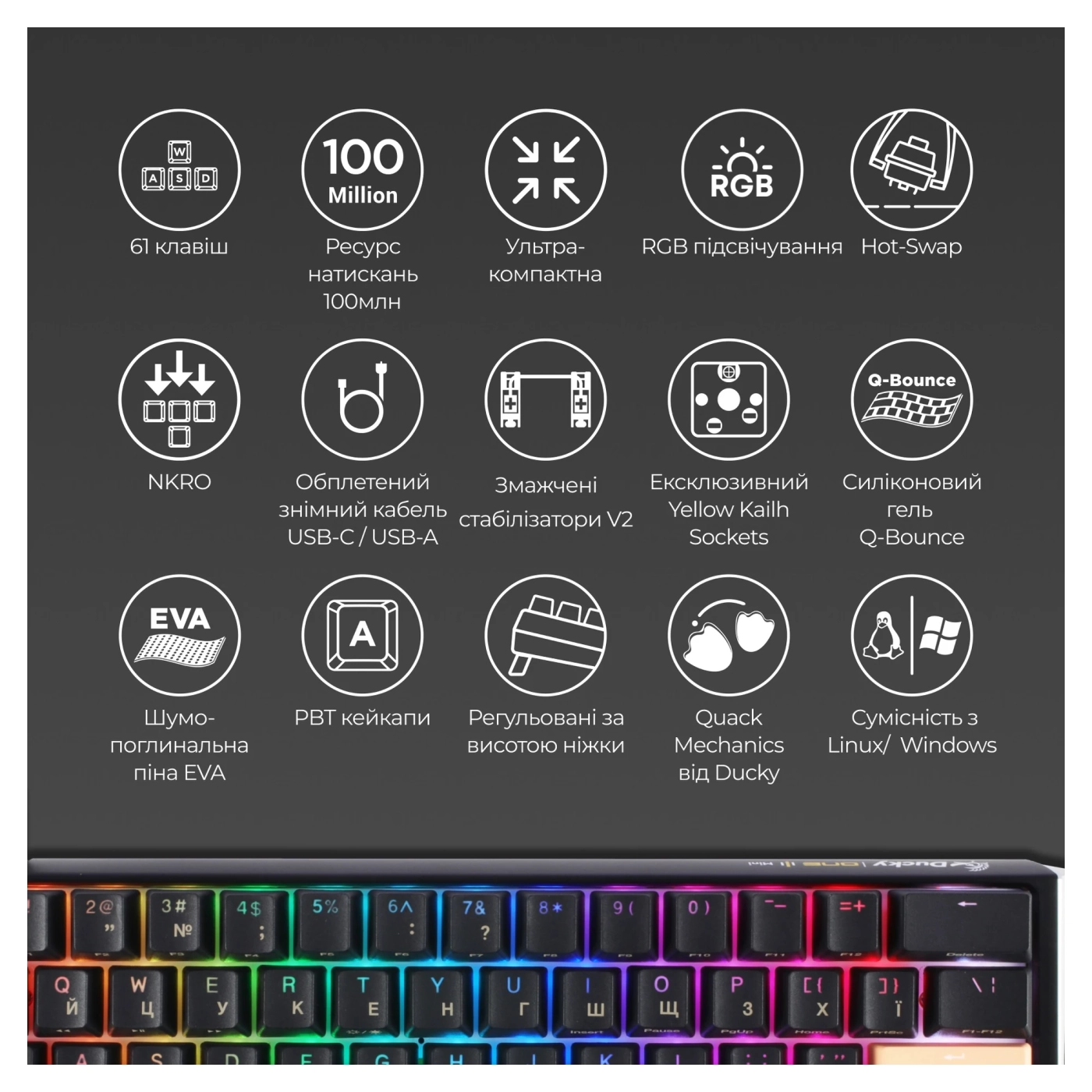Купить Клавиатура Ducky One 3 Mini Cherry MX Speed Silver RGB Black UA (DKON2161ST-PUAPXCLAWSC1) - фото 11