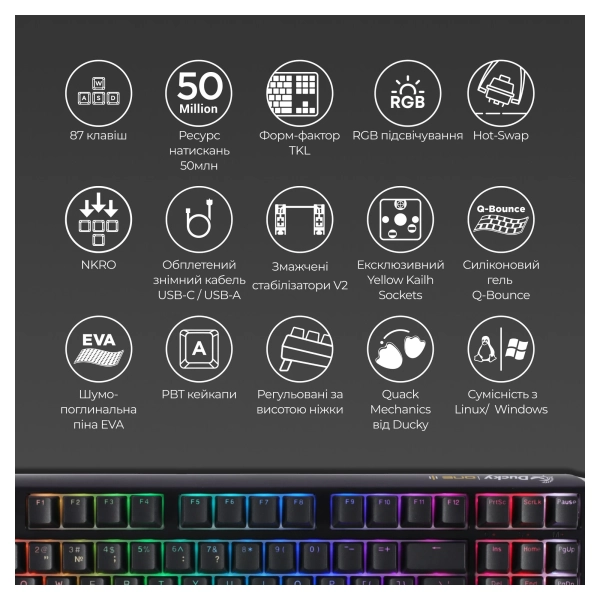 Купити Клавіатура Ducky One 3 TKL Cherry MX Blue RGB Black UA (DKON2187ST-CUAPXCLAWSC1) - фото 5
