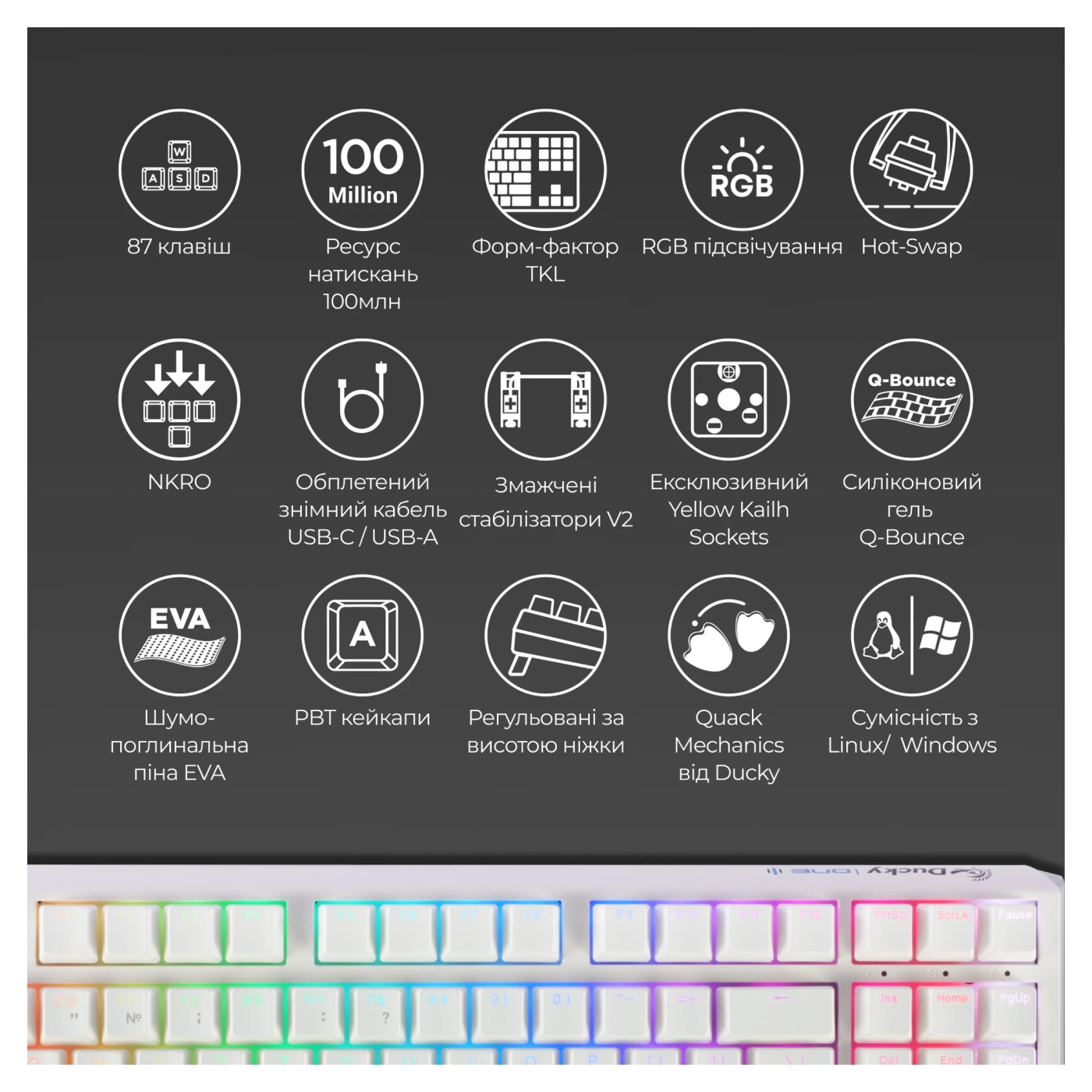 Купить Клавиатура Ducky One 3 TKL Cherry MX Silent Red RGB White UA (DKON2187ST-SUAPXPWWWSC1) - фото 5