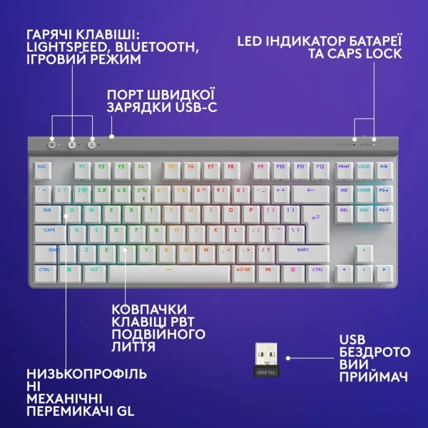 Купити Клавіатура Logitech G515 TKL Lightspeed TKL Tactile White (920-012539) - фото 10