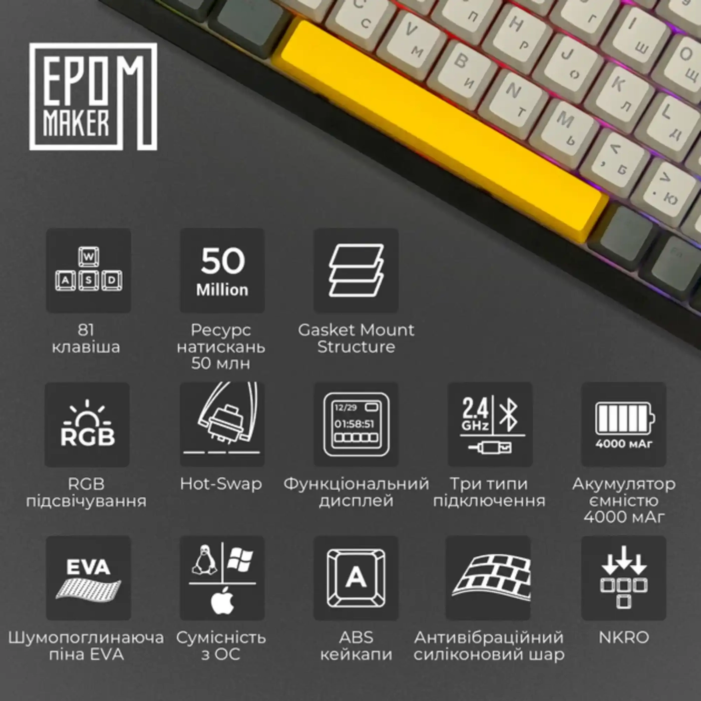 Купить Клавиатура EPOMAKER AK820 Pro RGB Mechanical Gift Switch Hot-Swap (AK820-PRO-B-G) Black - фото 7