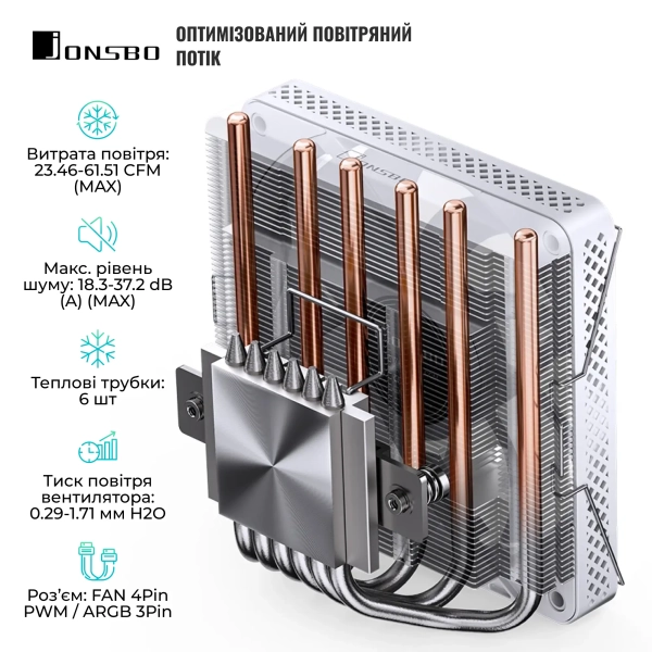 Купить Процессорный кулер JONSBO HP600 White (120mm/LGA115X/1200/1700, AMD AM4/AM5/6 тепл. трубки) - фото 4