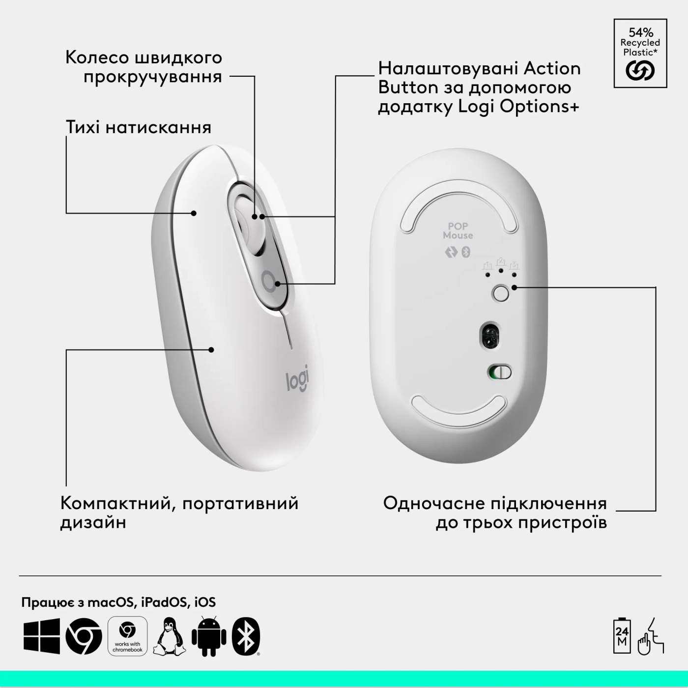Купити Комплект клавіатура і мишка Logitech POP Icon Combo Bluetooth UA Off-White (920-013141) - фото 7