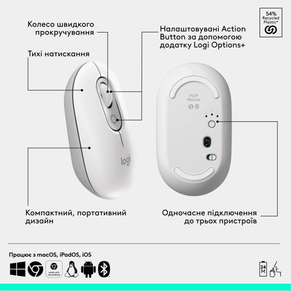 Купити Комплект клавіатура і мишка Logitech POP Icon Combo Bluetooth UA Off-White (920-013141) - фото 7