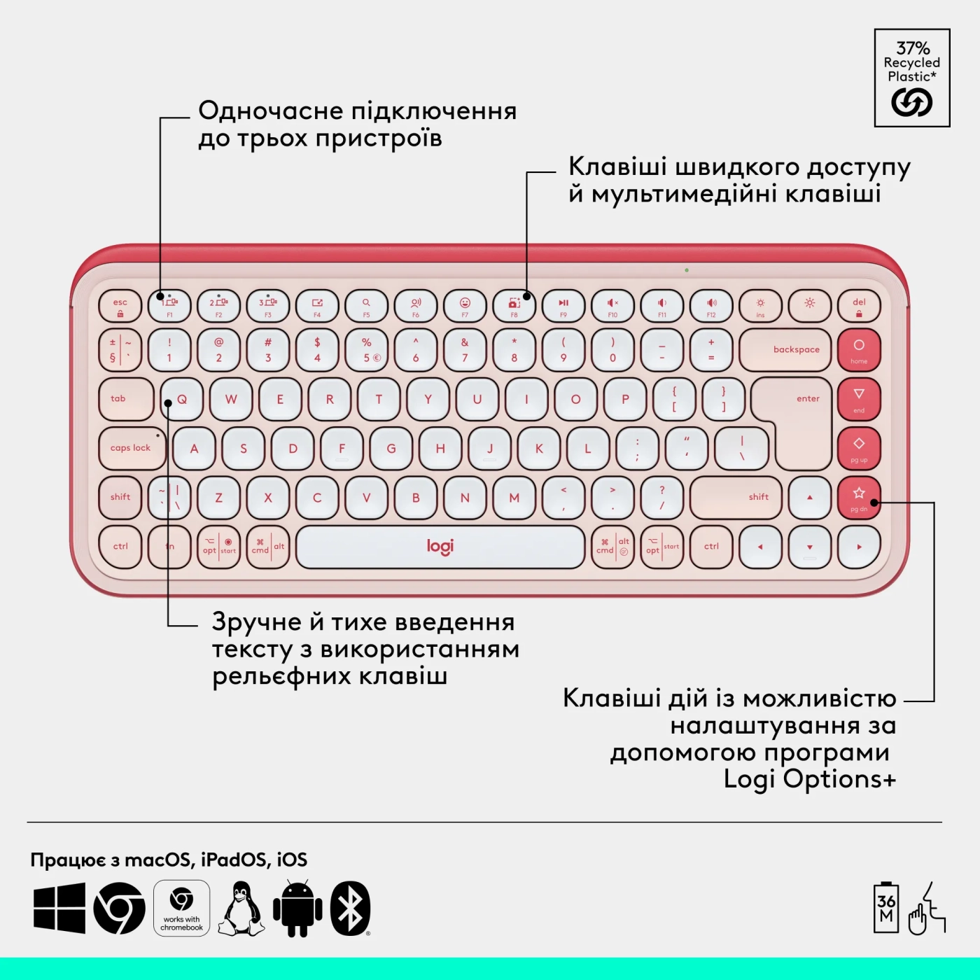 Купити Комплект клавіатураі мишка Logitech POP Icon Combo Bluetooth UA Rose (920-013142) - фото 6