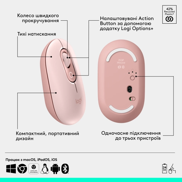 Купити Комплект клавіатураі мишка Logitech POP Icon Combo Bluetooth UA Rose (920-013142) - фото 7