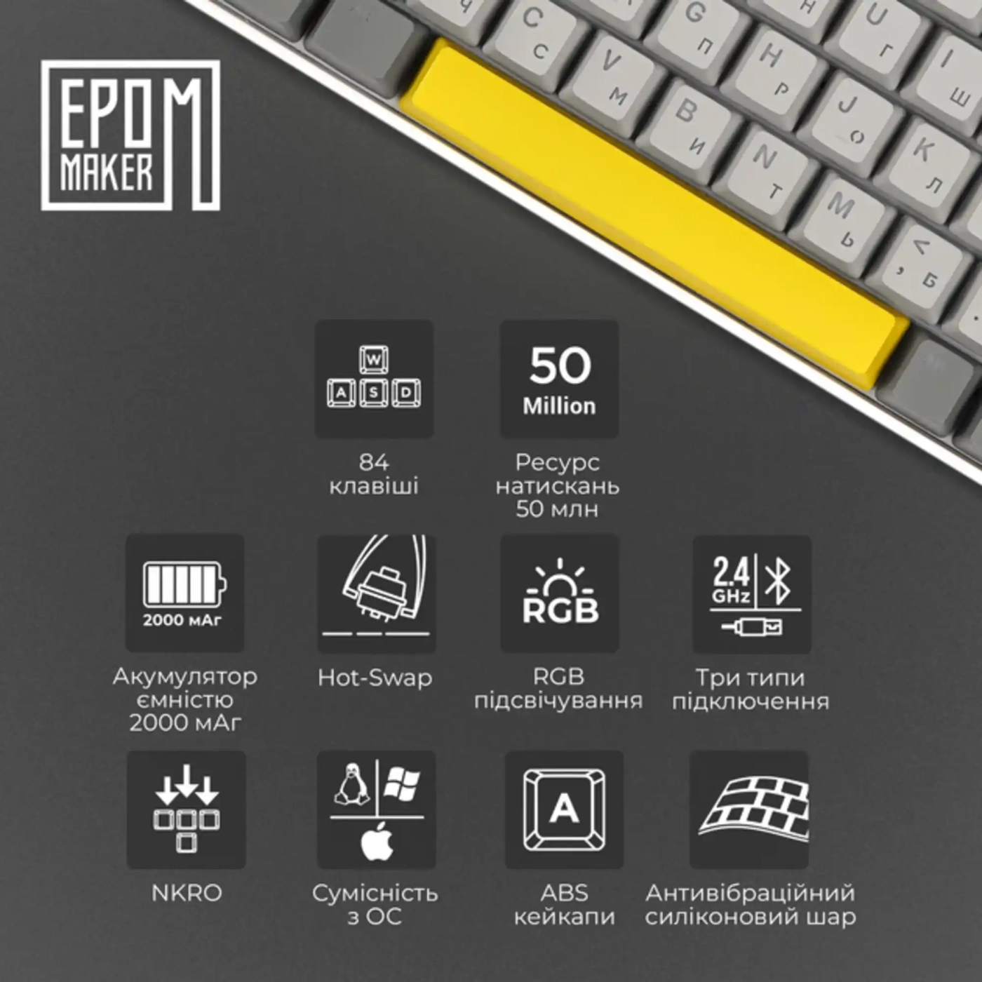 Купити Клавіатура EPOMAKER EP84 Plus Wisteria Linear Switch Hot-Swap RGB White (EP84-W-WL) - фото 3