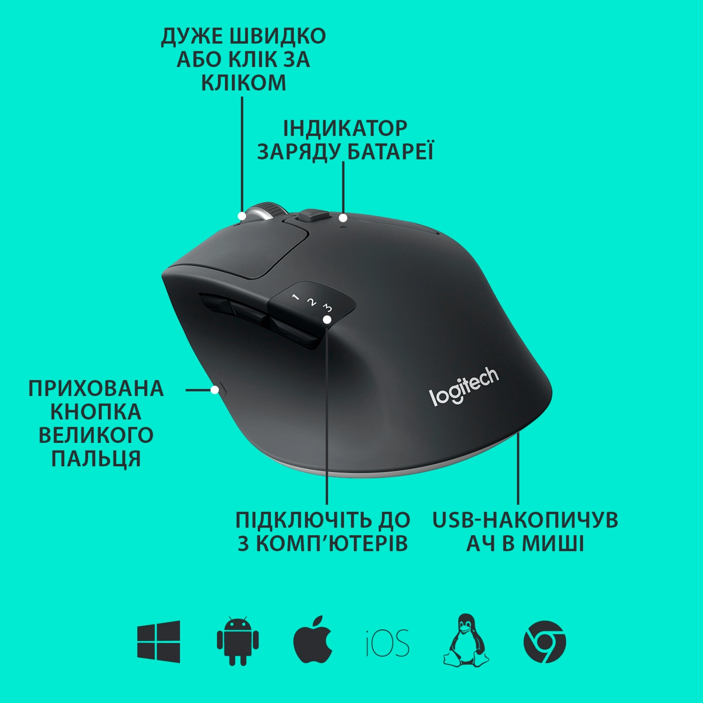 Купить Мышь Logitech M720 Triathlon Wireless/Bluetooth Black - фото 6