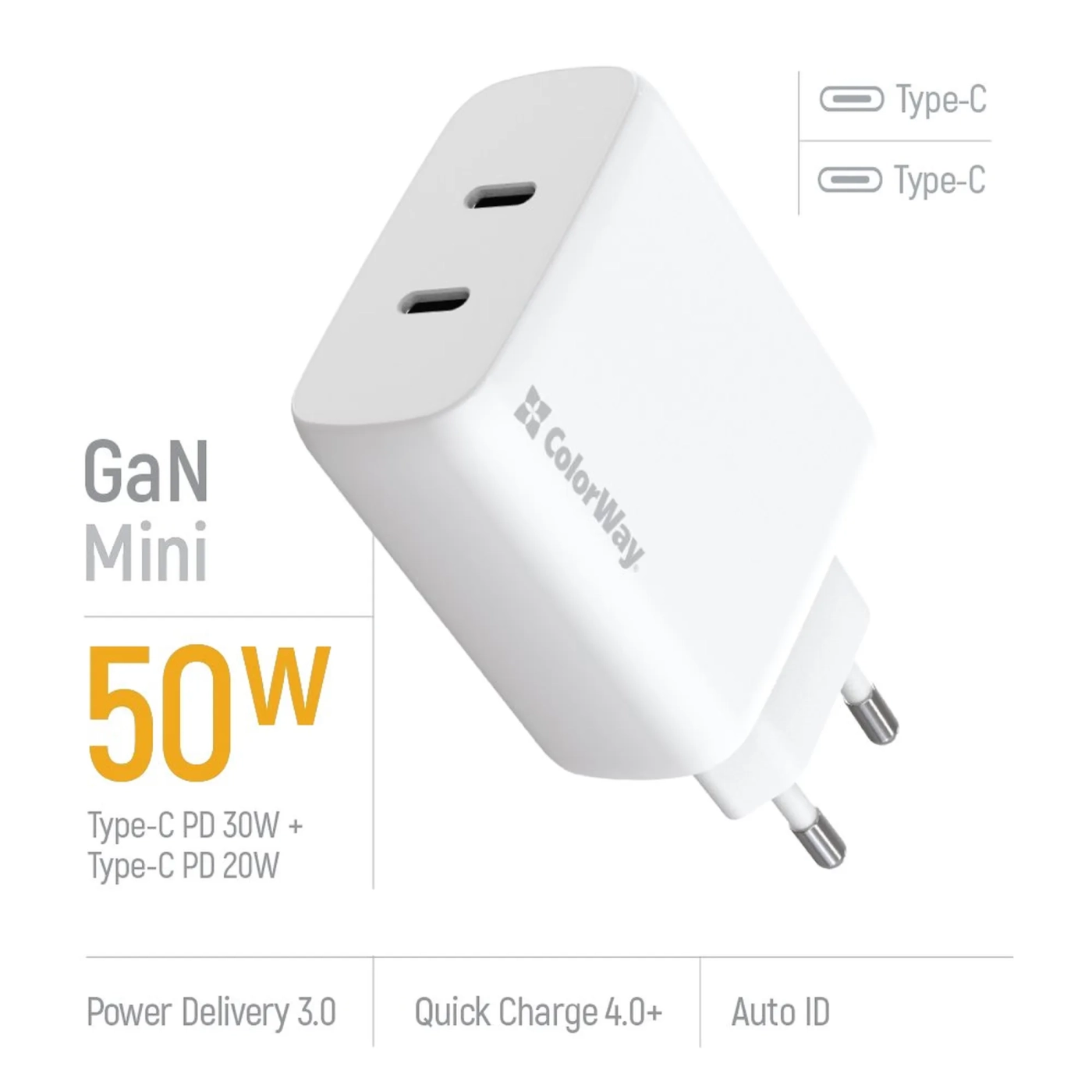 Купить Зарядное устройство ColorWay 2USB-C 50W GaN Mini White (CW-CHS050PD-WT) - фото 6