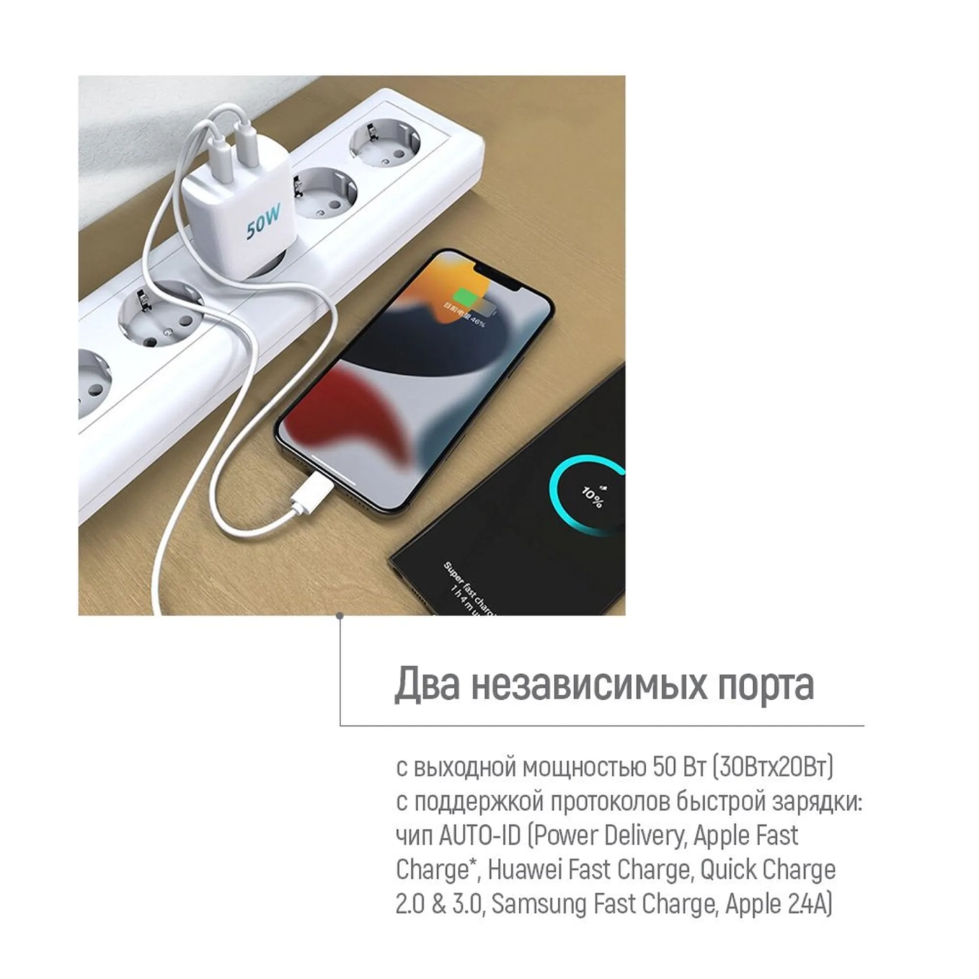 Купить Зарядное устройство ColorWay 2USB-C 50W GaN Mini White (CW-CHS050PD-WT) - фото 13