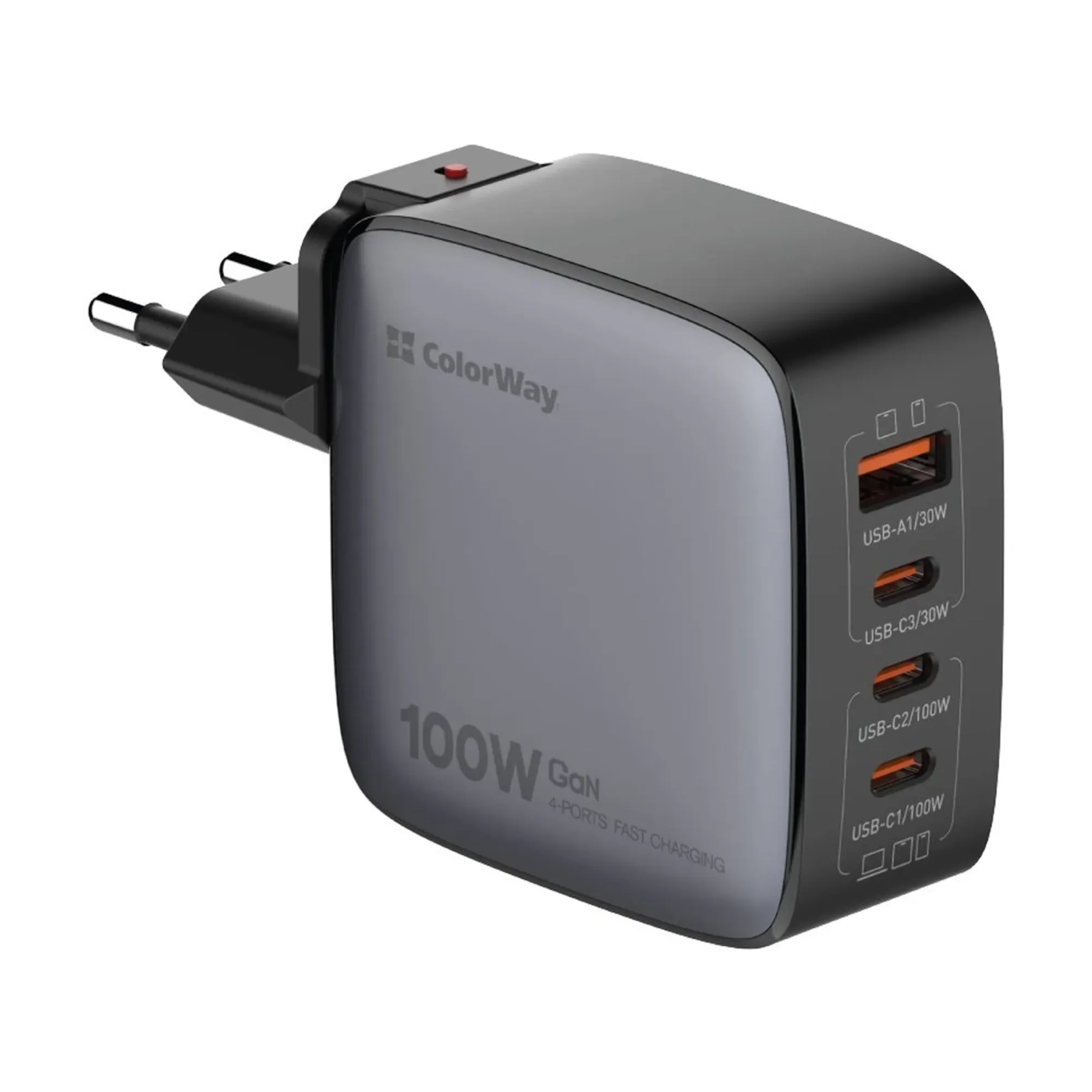 Купить Зарядное устройство ColorWay 3USB-C+USB 100W GaN Black (CW-CHS047PD-BK) - фото 1