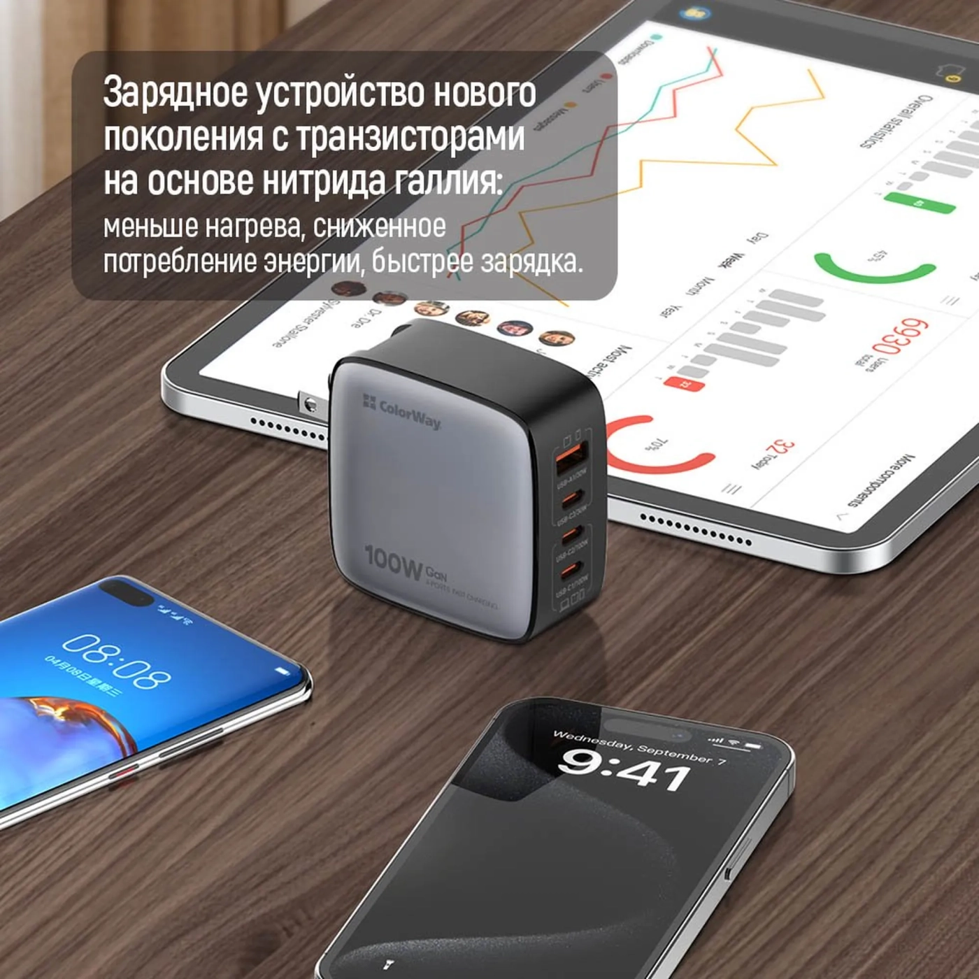Купить Зарядное устройство ColorWay 3USB-C+USB 100W GaN Black (CW-CHS047PD-BK) - фото 8