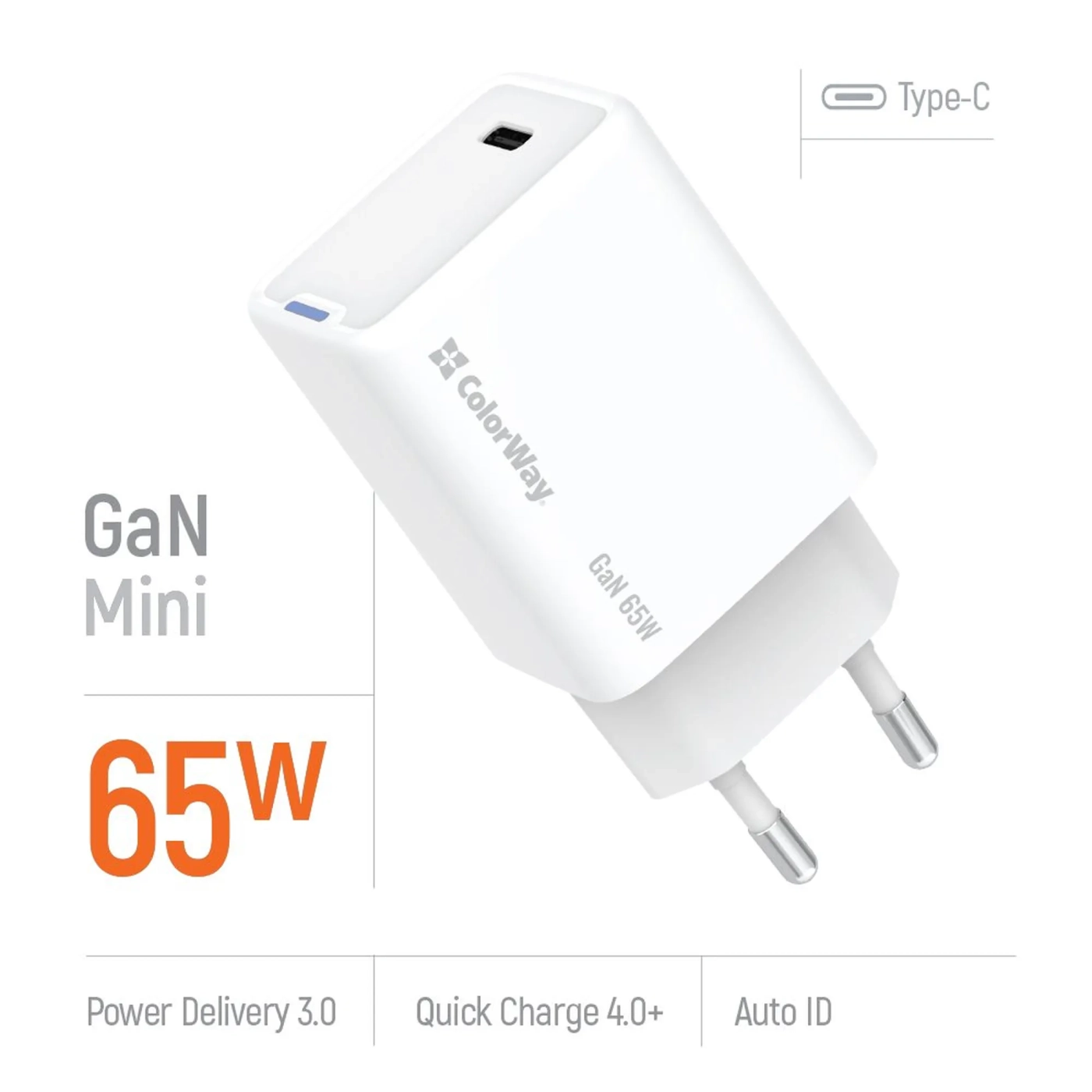 Купить Зарядное устройство ColorWay USB-C 65W GaN Mini White (CW-CHS049PD-WT) - фото 6