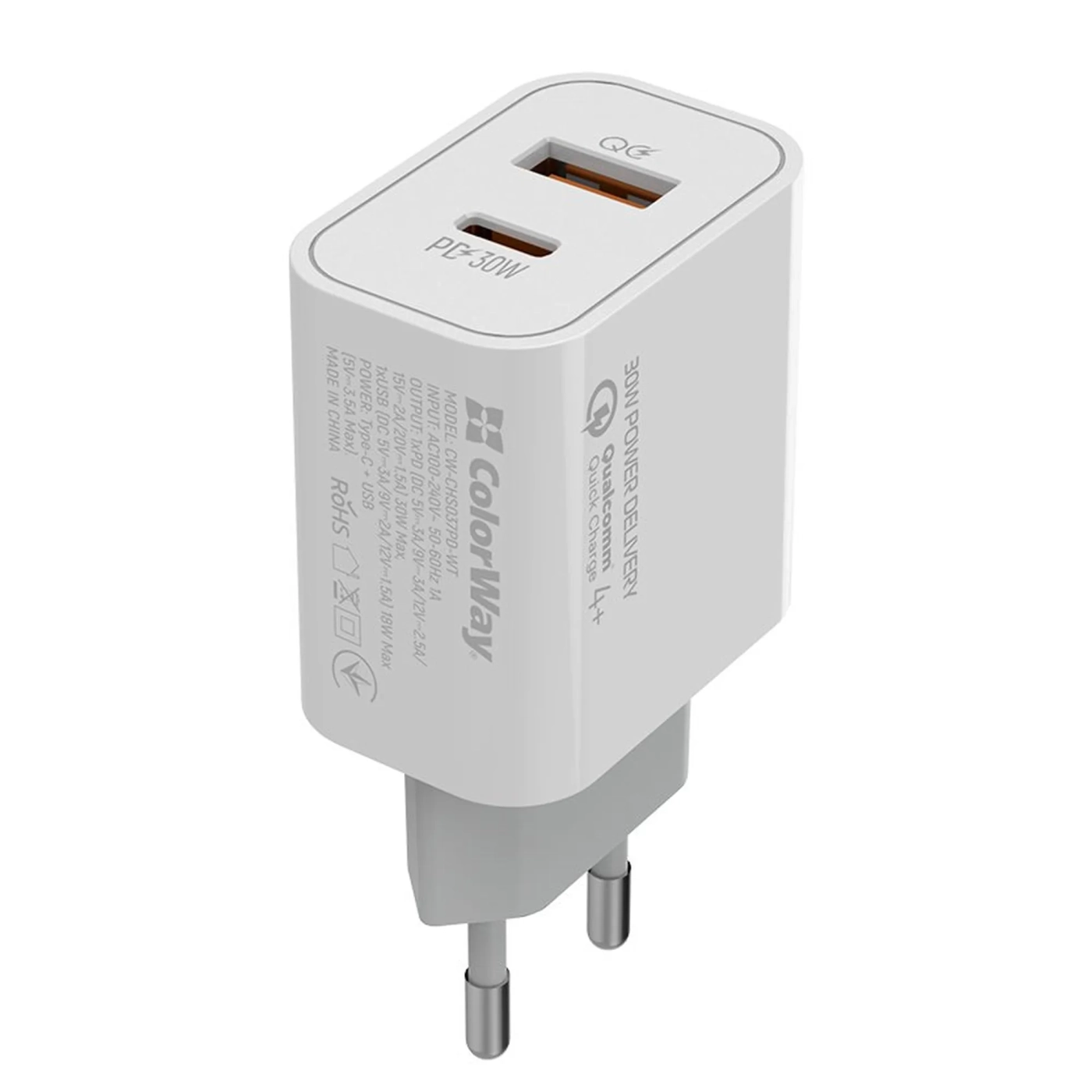 Купить Зарядное устройство ColorWay USB-C+USB 30W 3A White (CW-CHS037PD-WT) - фото 1