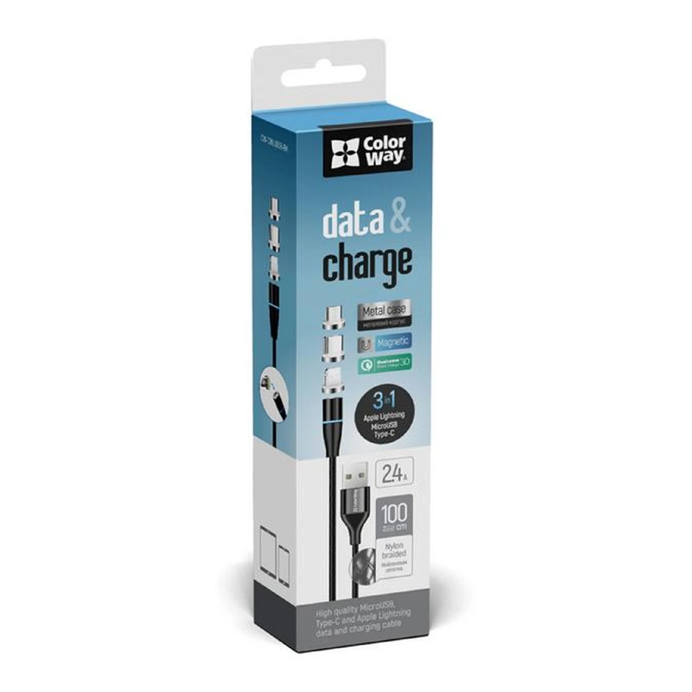 Купить Кабель ColorWay 3в1 USB - Lightning+MicroUSB+USB-C Magnetic 2.4А 1m Black (CW-CBUU038-BK) - фото 5