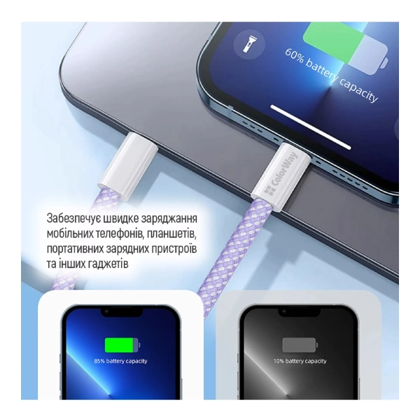 Купить Кабель ColorWay USB-C - USB-C 60W 3А 1m Purple (CW-CBPDCC061-PU) - фото 5