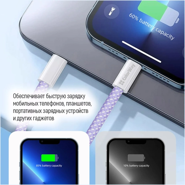Купить Кабель ColorWay USB-C - Lightning 27W 3A 1m Purple (CW-CBPDCL061-PU) - фото 13