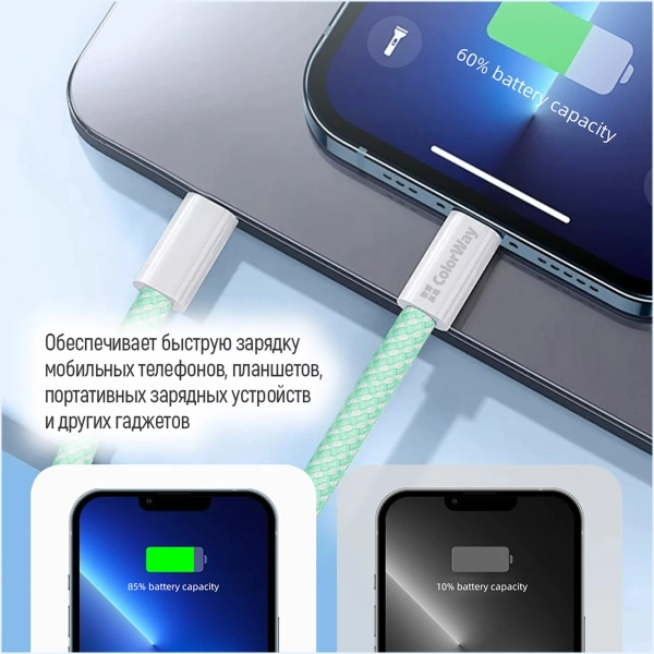 Купить Кабель ColorWay USB-C 60W 3А 1m Green (CW-CBPDCC061-G) - фото 13