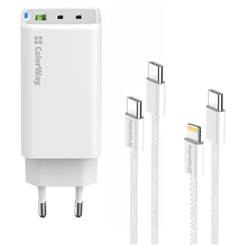 Купить Зарядное устройство СolorWay GaN 65W 5A 2xUSB-C+USB White + 2 кабеля (CW-CHS058PDCL-WT) - фото 2