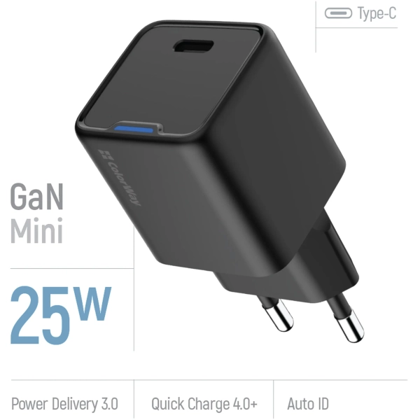 Купить Зарядное устройство СolorWay GaN 25W 3A USB-C Black (CW-CHS052PD-BK) - фото 6