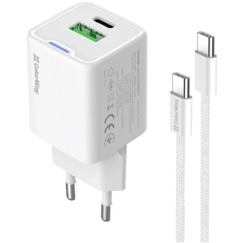 Купить Зарядное устройство СolorWay GaN 35W 3A USB-C+USB White + кабель (CW-CHS055PDC-WT) - фото 1