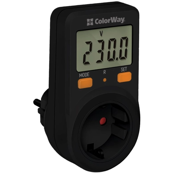 Купити Енергометр цифровий W/V/A/C/KWh ColorWay для розетки 16A/3680W Black (CW-VM16-01D) - фото 2