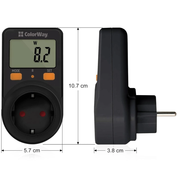 Купити Енергометр цифровий W/V/A/C/KWh ColorWay для розетки 16A/3680W Black (CW-VM16-01D) - фото 4