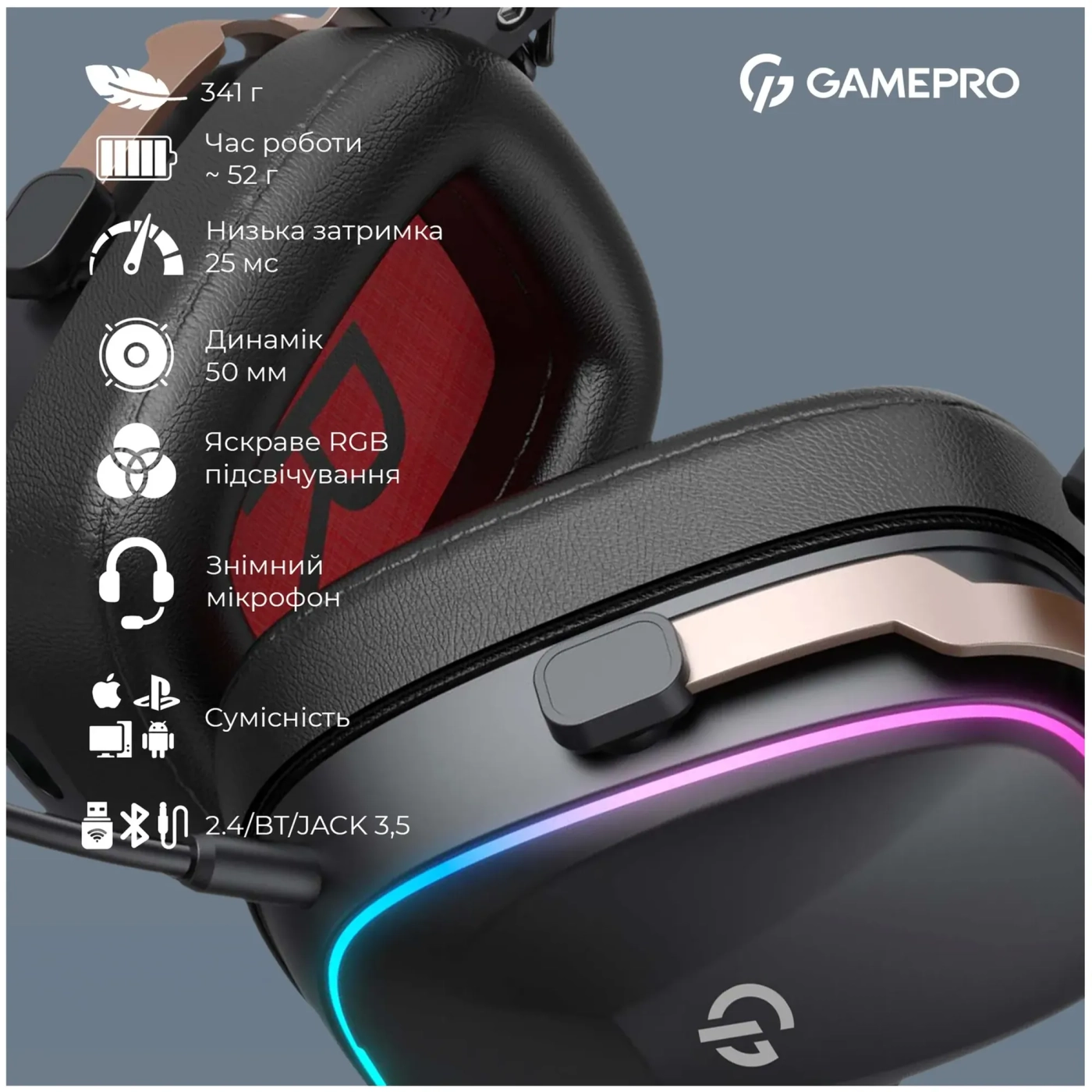Купить Навушники GamePro Asgard Valkyria Wireless RGB Tri-Mod Black (HSW249) - фото 14