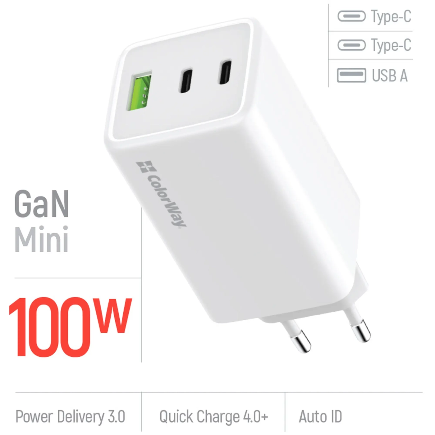 Купить Зарядное устройство ColorWay GaN Mini 100W 1xUSB-A, 2xUSB-C Fast Charging White (CW-CHS061PD-WT) - фото 6