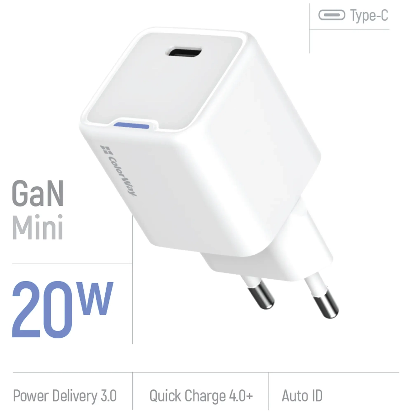 Купити Зарядний пристрій ColorWay GaN Mini 20W 1xUSB-C Fast Charging White (CW-CHS059PD-WT) - фото 6