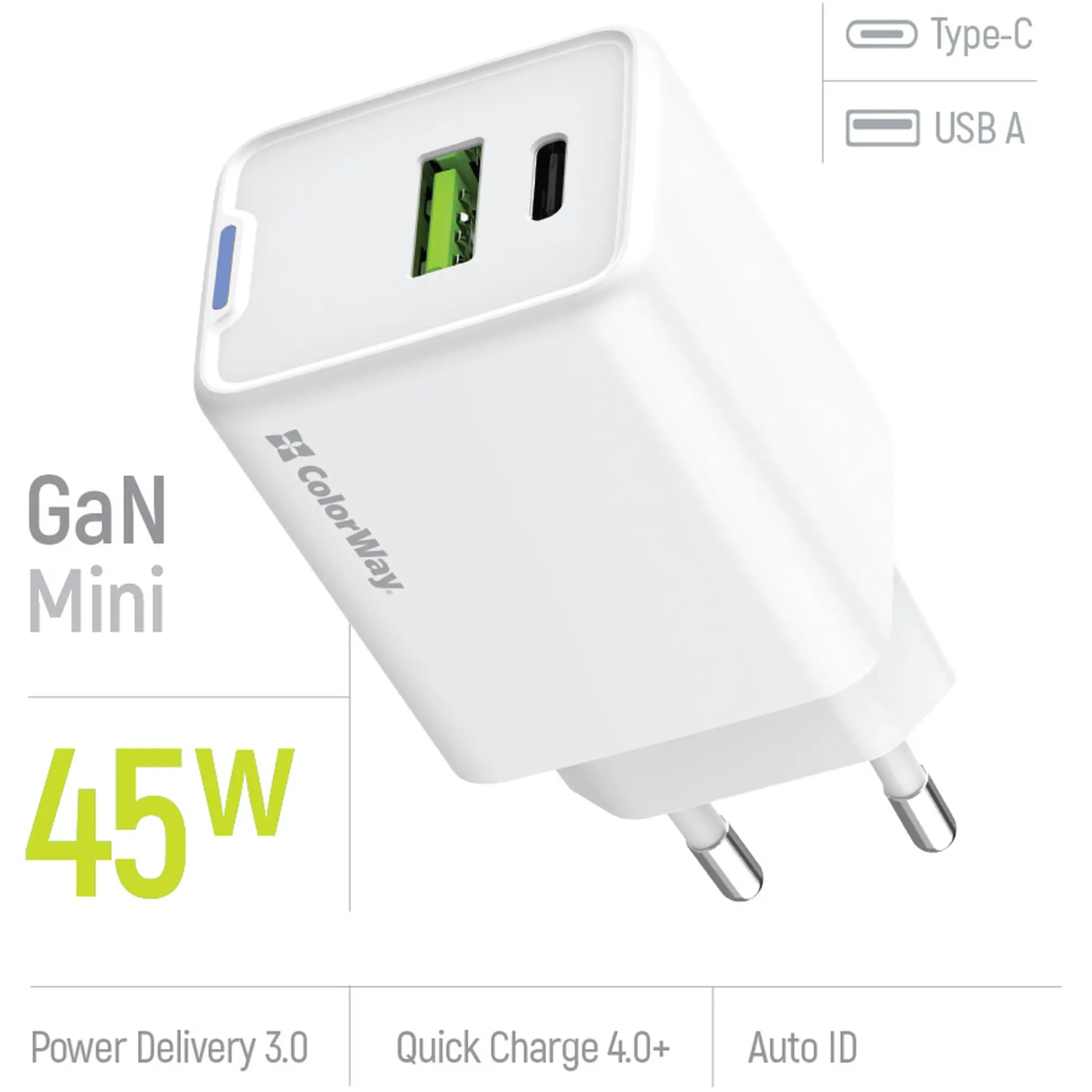 Купити Зарядний пристрій ColorWay GaN Mini 45W 1xUSB-A, 1xUSB-C Fast Charging White (CW-CHS060PD-WT) - фото 6