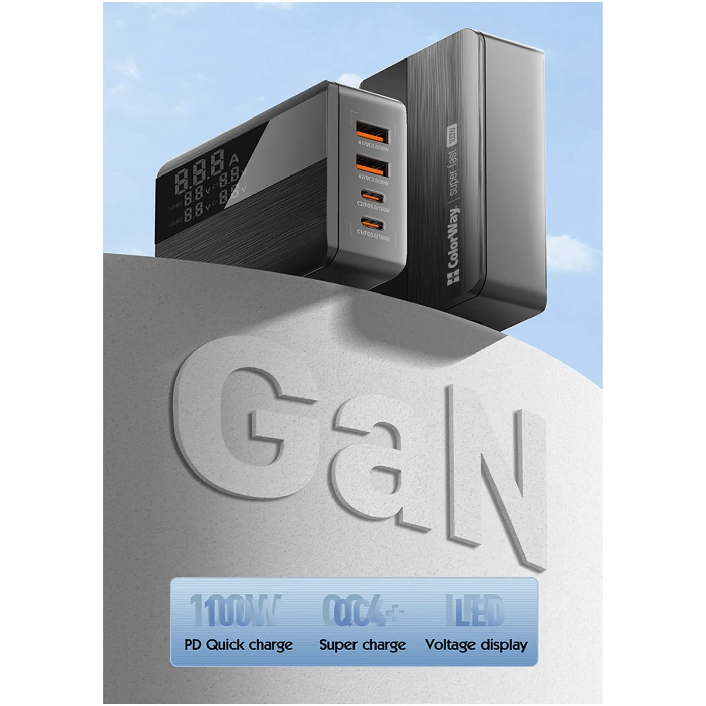 Купить Зарядное устройство ColorWay Power Delivery GaN 2xUSB-C, 2xUSB-A, 100W Black (CW-CHS041PD-BK) - фото 8