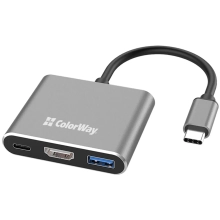 Купити USB-хаб ColorWay 3в1 USB-C - 1USB3.0+USB-C PD100W+HDMI 4К Grey (CW-HUB08) - фото 1