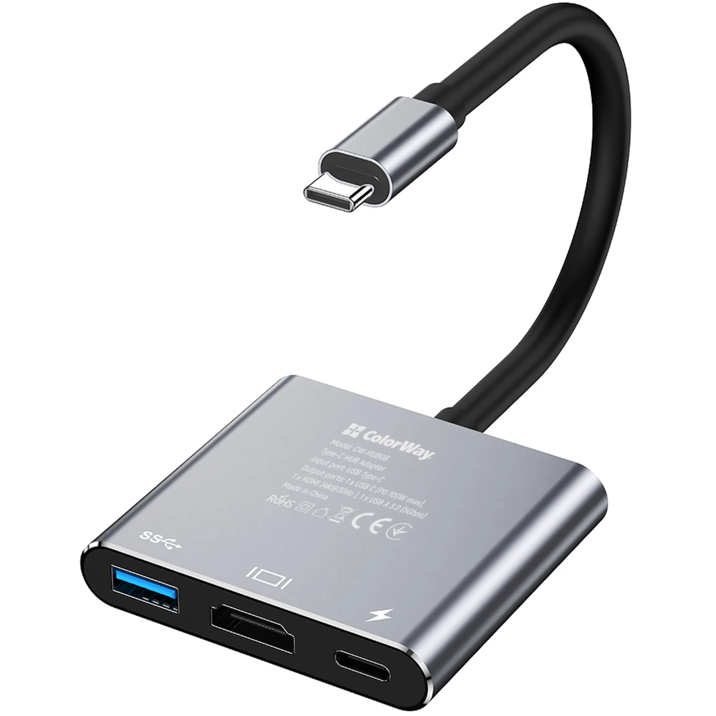 Купити USB-хаб ColorWay 3в1 USB-C - 1USB3.0+USB-C PD100W+HDMI 4К Grey (CW-HUB08) - фото 4