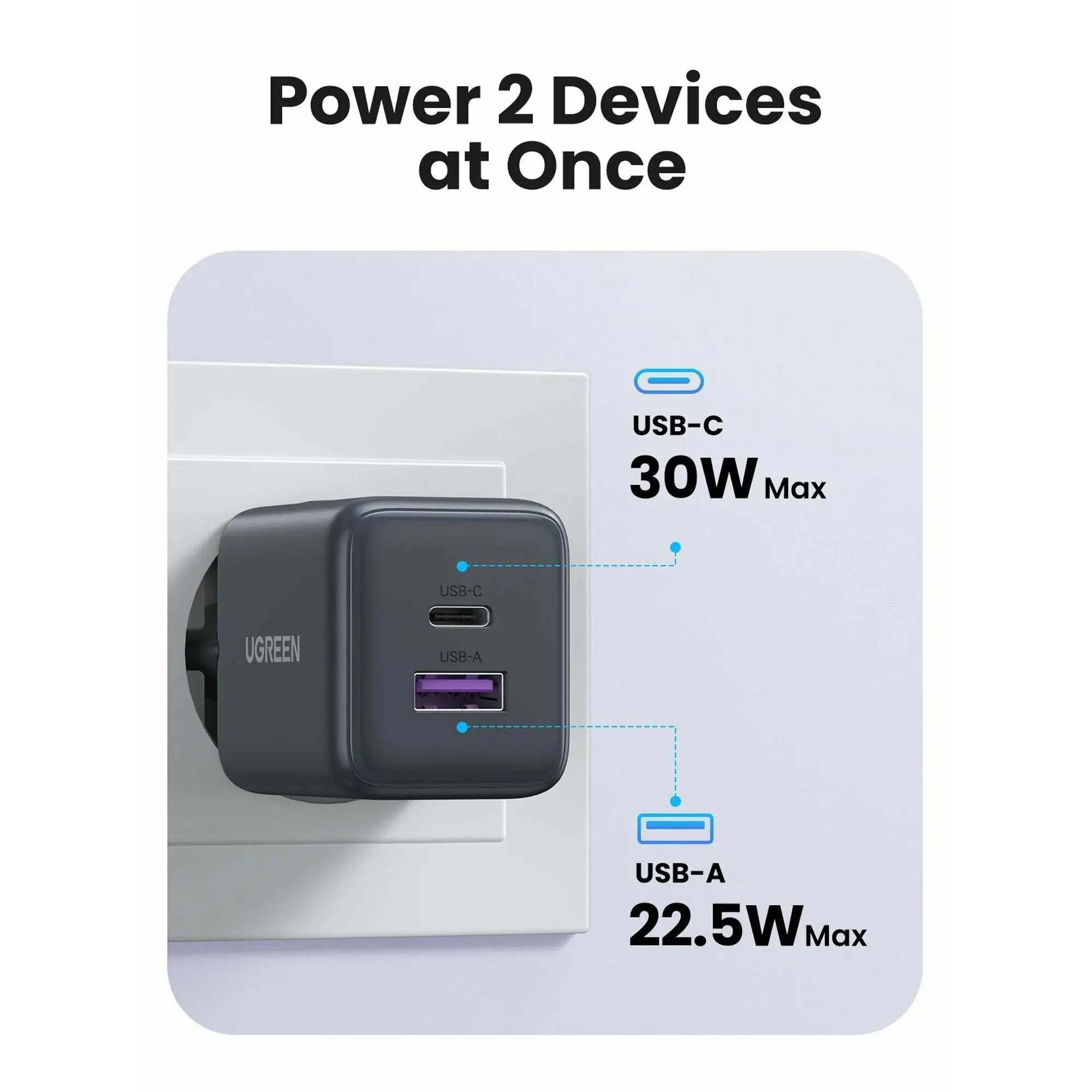 Купити Зарядний пристрій UGREEN X516 USB-C+USB 30W GaN EU Grey (UGR-55539) - фото 4