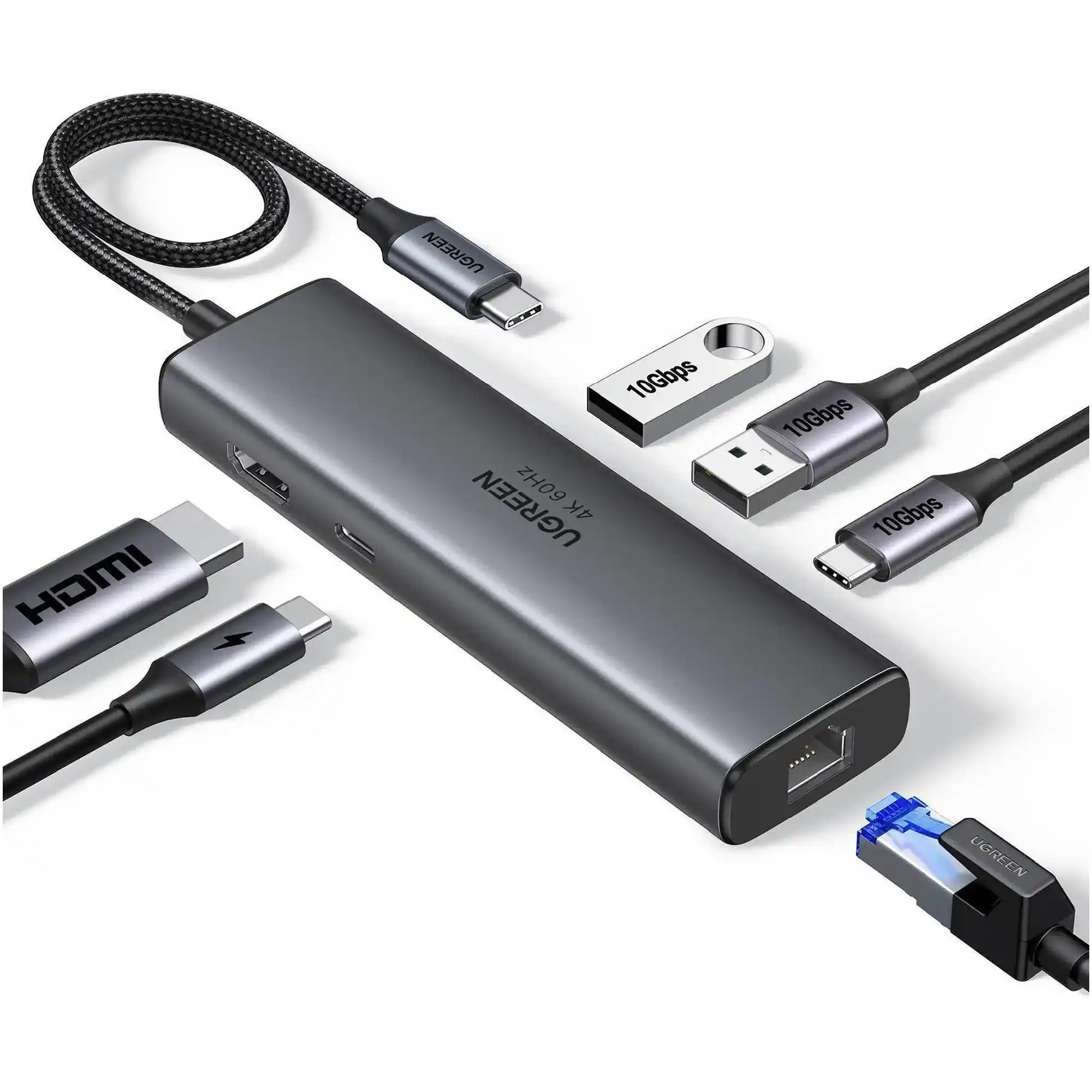 Купить USB-хаб Ugreen USB-C to HDMI + 2xUSB 3.2 + USB-C 3.2 + RJ45 + PD CM512 gray (45000) - фото 1