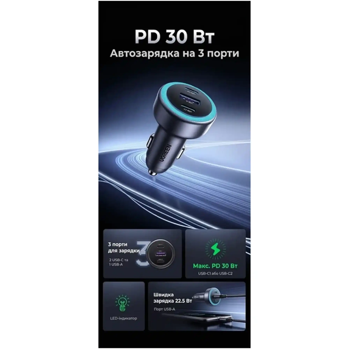 Купити Автомобильное зарядное устройство UGREEN EC307 3xUSB 30W (2xUSB-C + USB-A) QC 4.0 Gray (45843) - фото 4