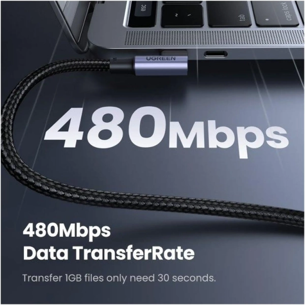 Купити Кабель UGREEN US334 USB-C 2.0 to Angled USB-C M/M Cable Aluminium Shell with Braided 1m Black (70643) - фото 4
