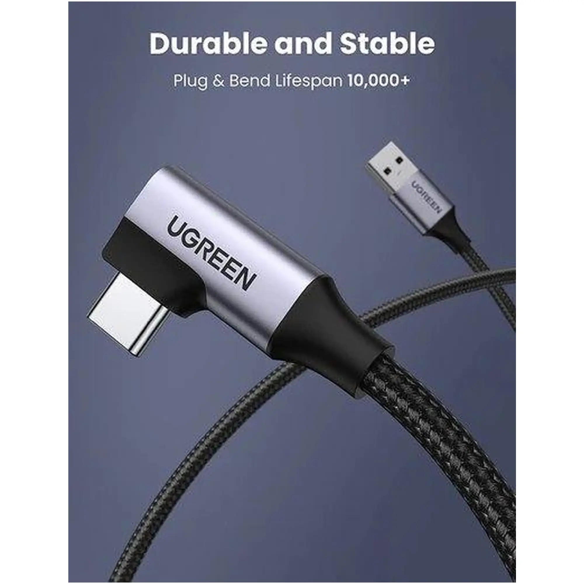 Купить Кабель UGREEN US385 USB-A Male to USB-C Male 3.0 3A 90-Degree Angled Cable 1m Black (20299) - фото 2